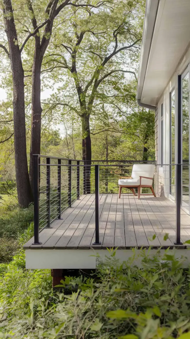 A modern front porch featuring horizontal cable railings, showcasing a sleek design with a view of surrounding greenery.