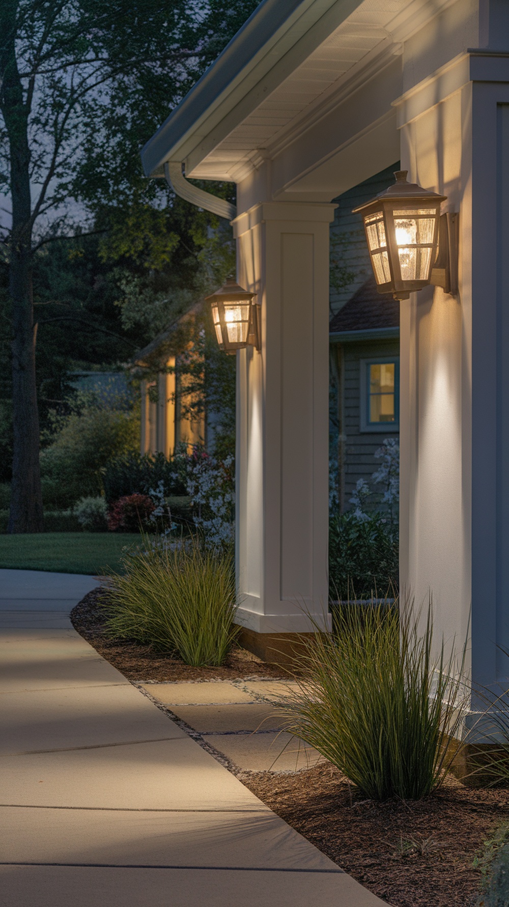 Two wall-mounted motion sensor lights illuminating a porch area at dusk.