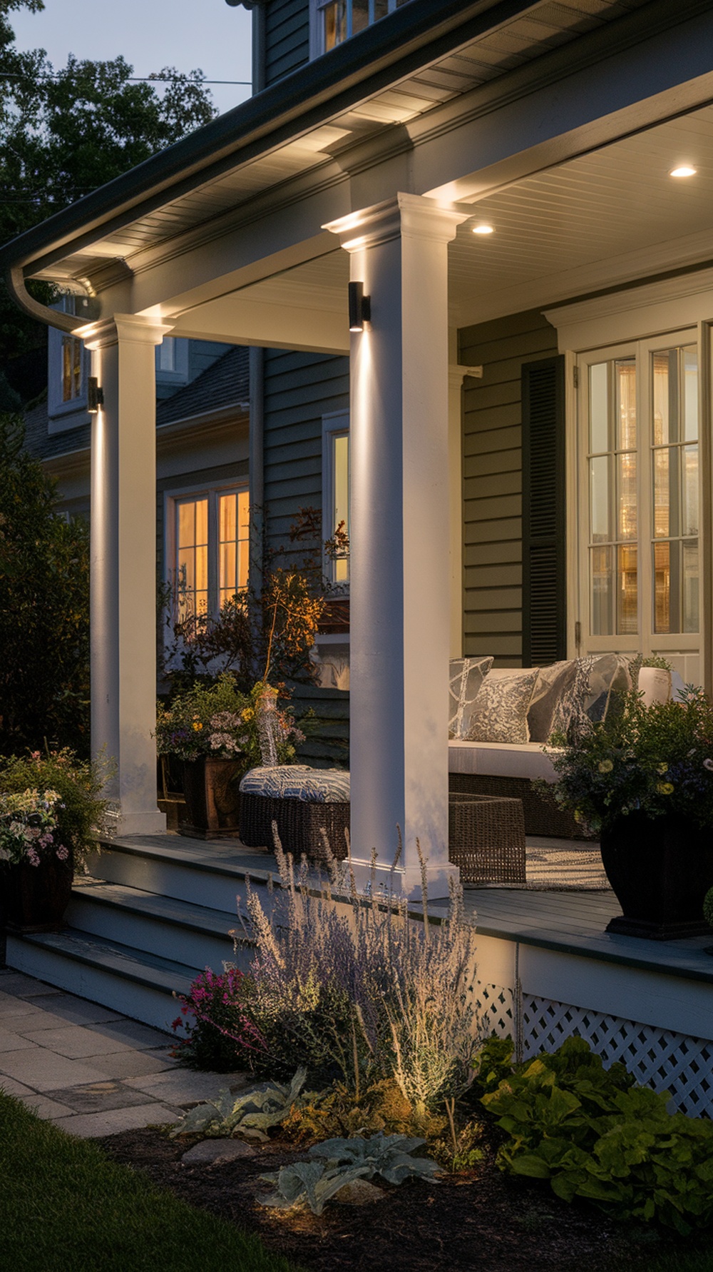 A porch with spotlights illuminating the columns and plants, creating a cozy evening atmosphere.