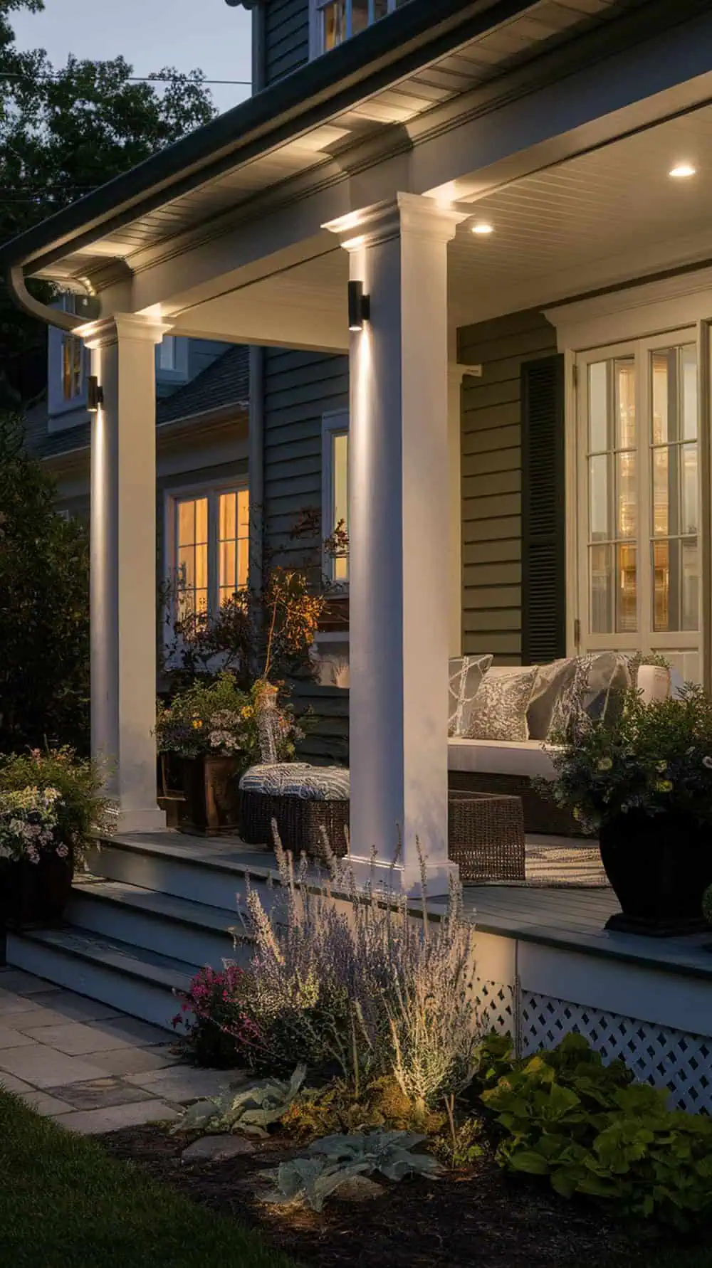 A porch with spotlights illuminating the columns and plants, creating a cozy evening atmosphere.