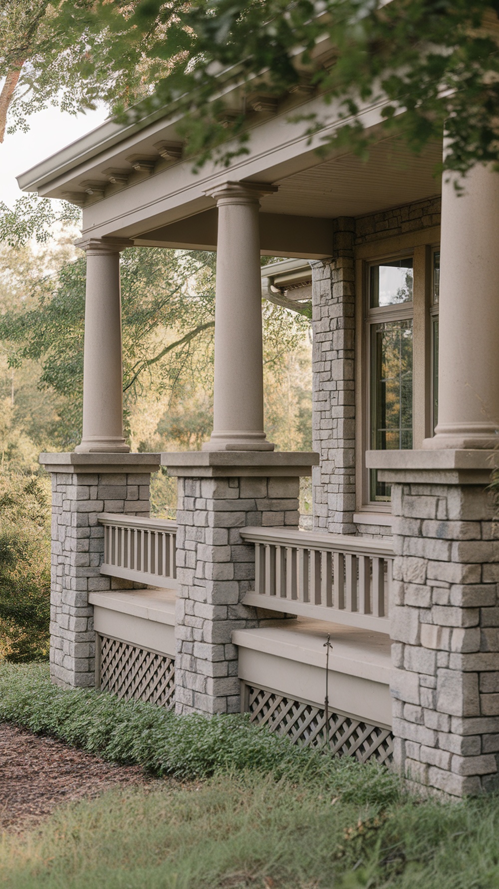 Front porch with stone pillars and short rail sections in between