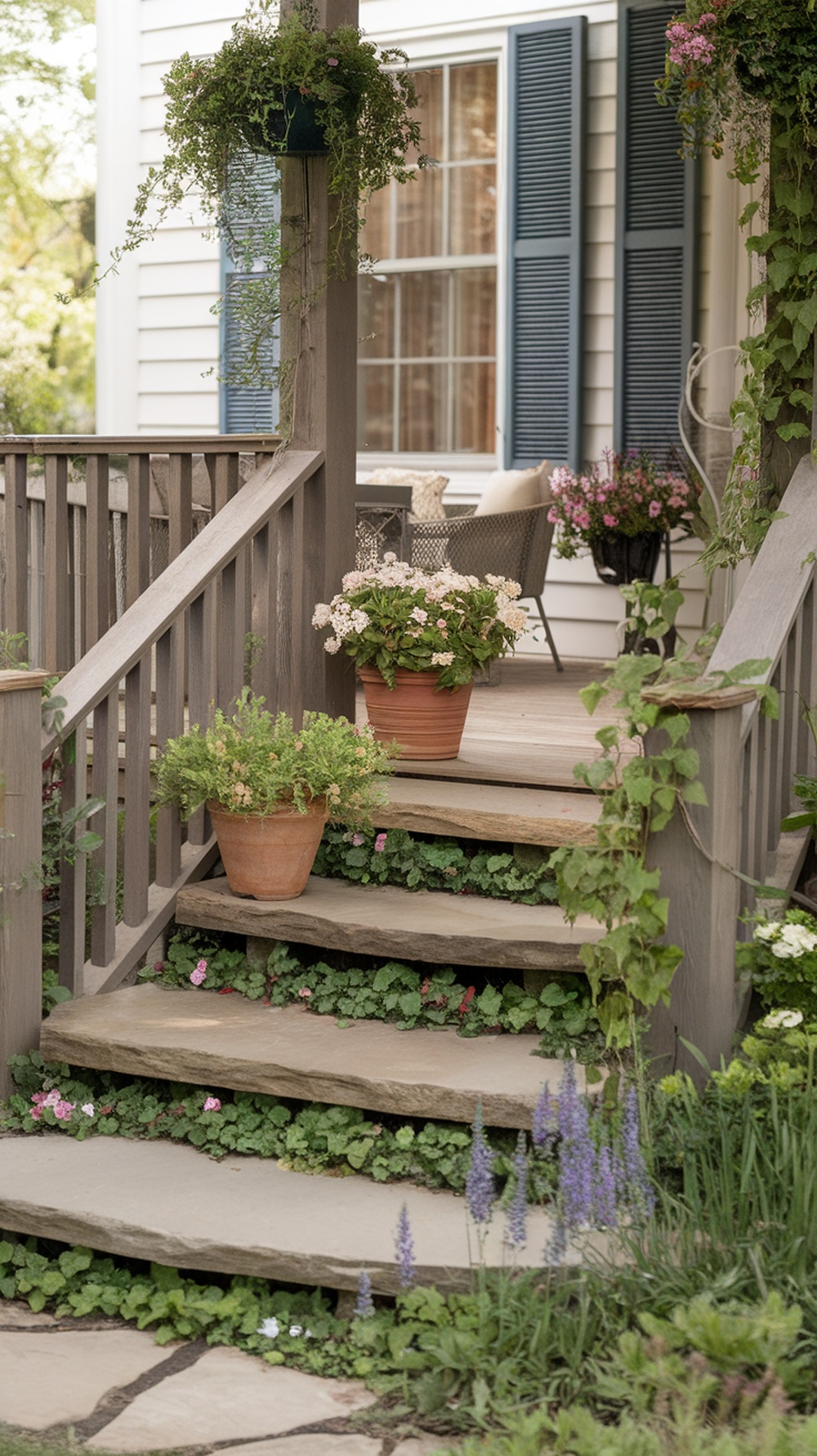 A beautiful set of stone slab steps leading to a porch, surrounded by flowers and greenery.