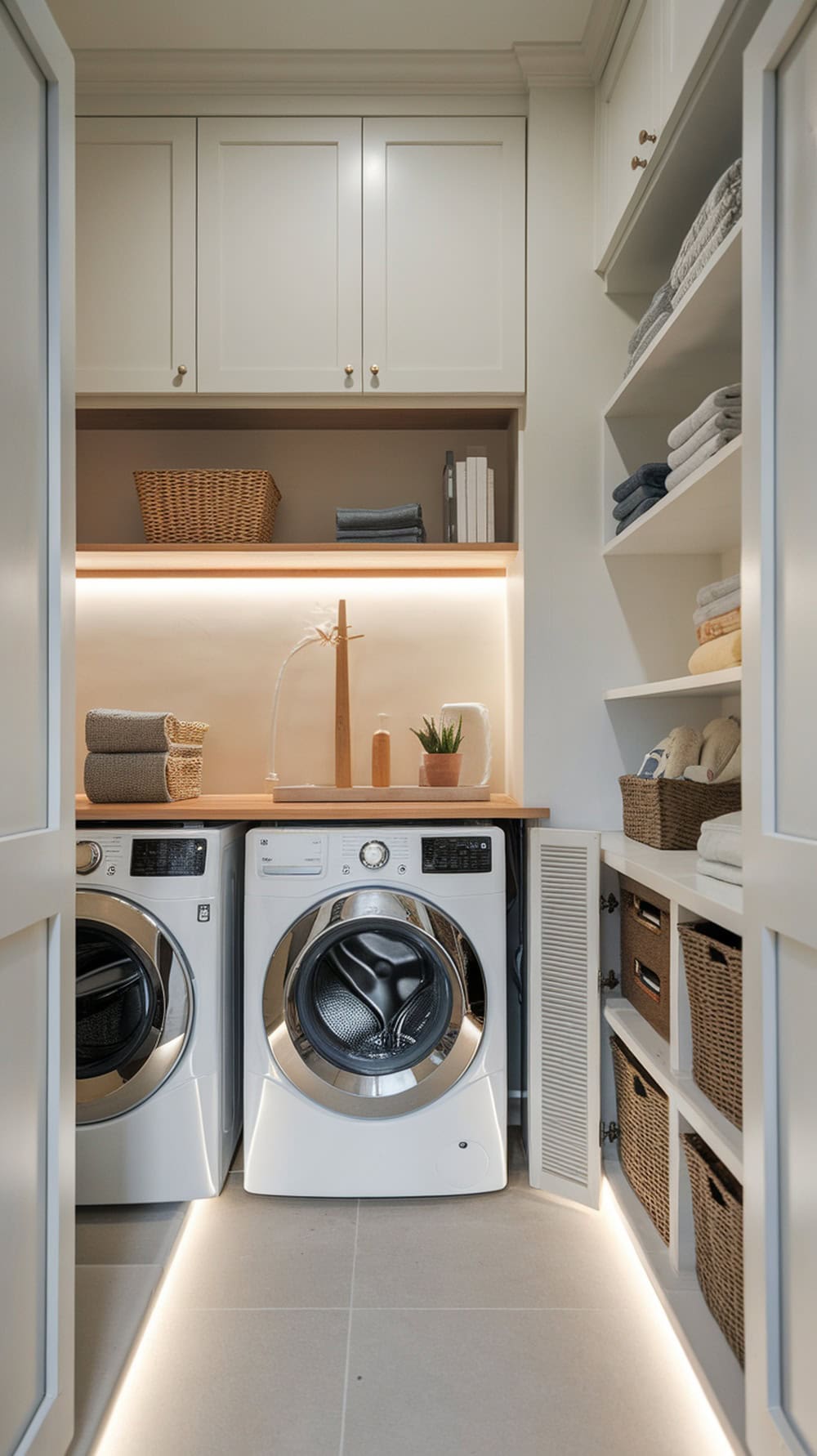 A bright and organized laundry room with under-cabinet lighting.