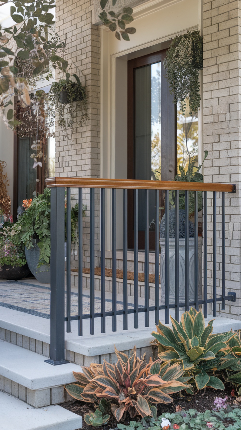Vertical metal balusters with a wood top rail on a porch