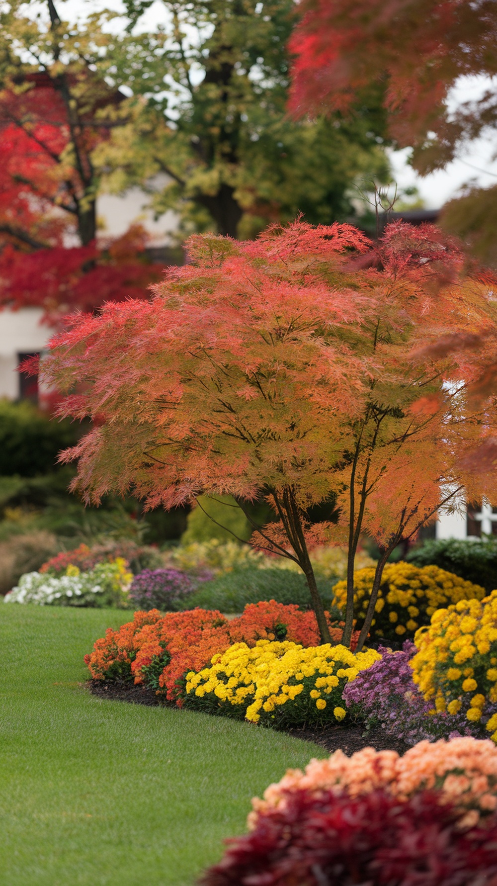 A vibrant Japanese maple tree with red and orange leaves surrounded by colorful flowers in a front yard.