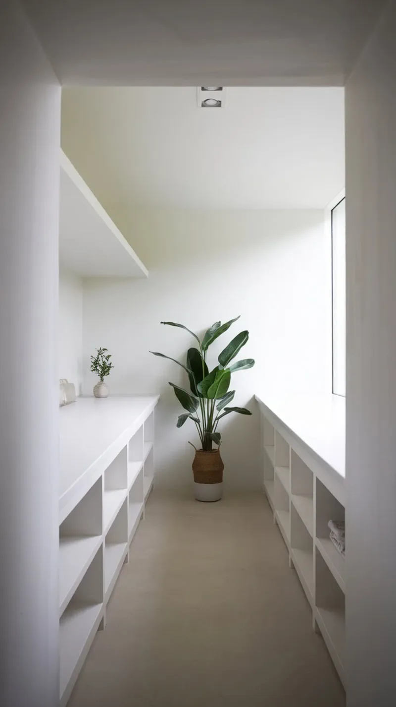 A minimalistic long narrow laundry room with white surfaces and a potted plant.