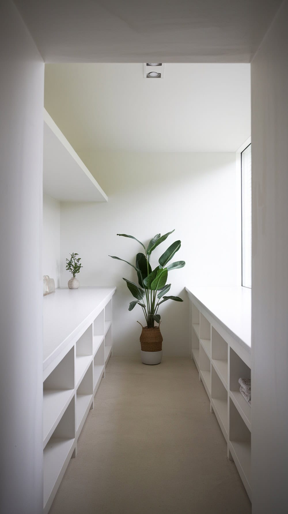 A minimalistic long narrow laundry room with white surfaces and a potted plant.
