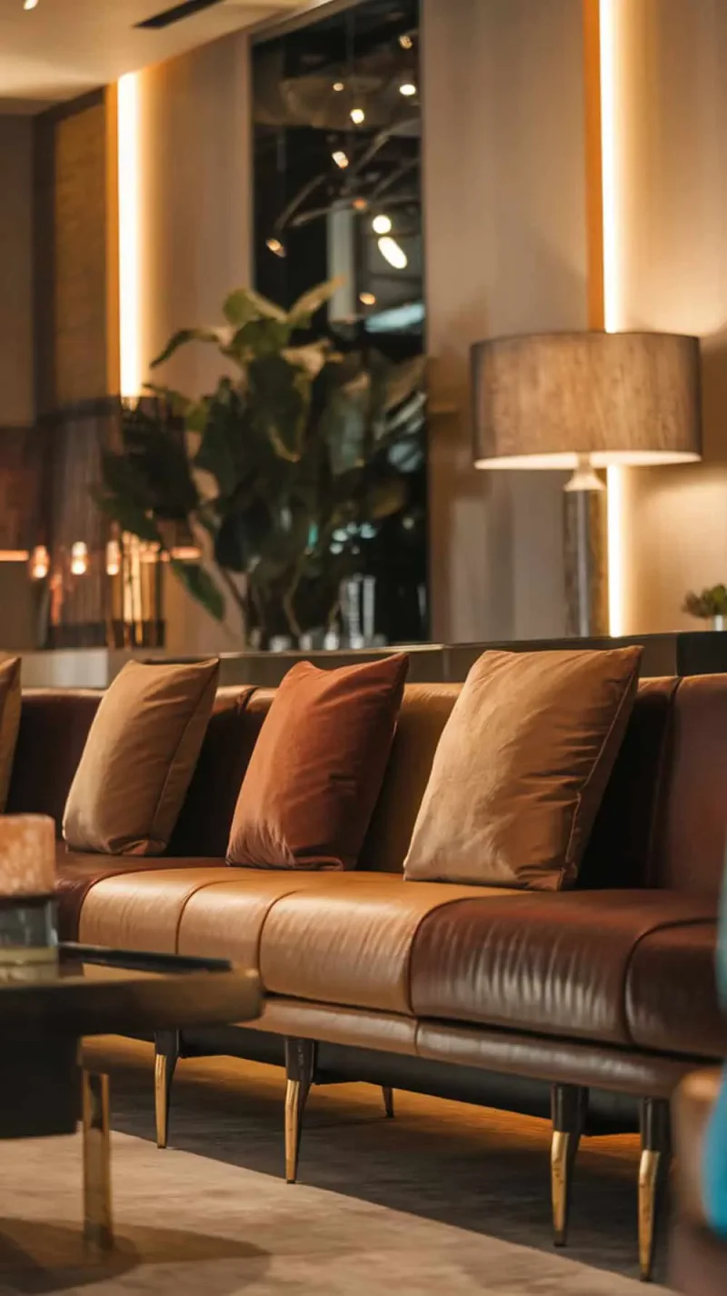 L-shaped sofa with gold legs and soft pillows in warm tones, set in a stylish living room.