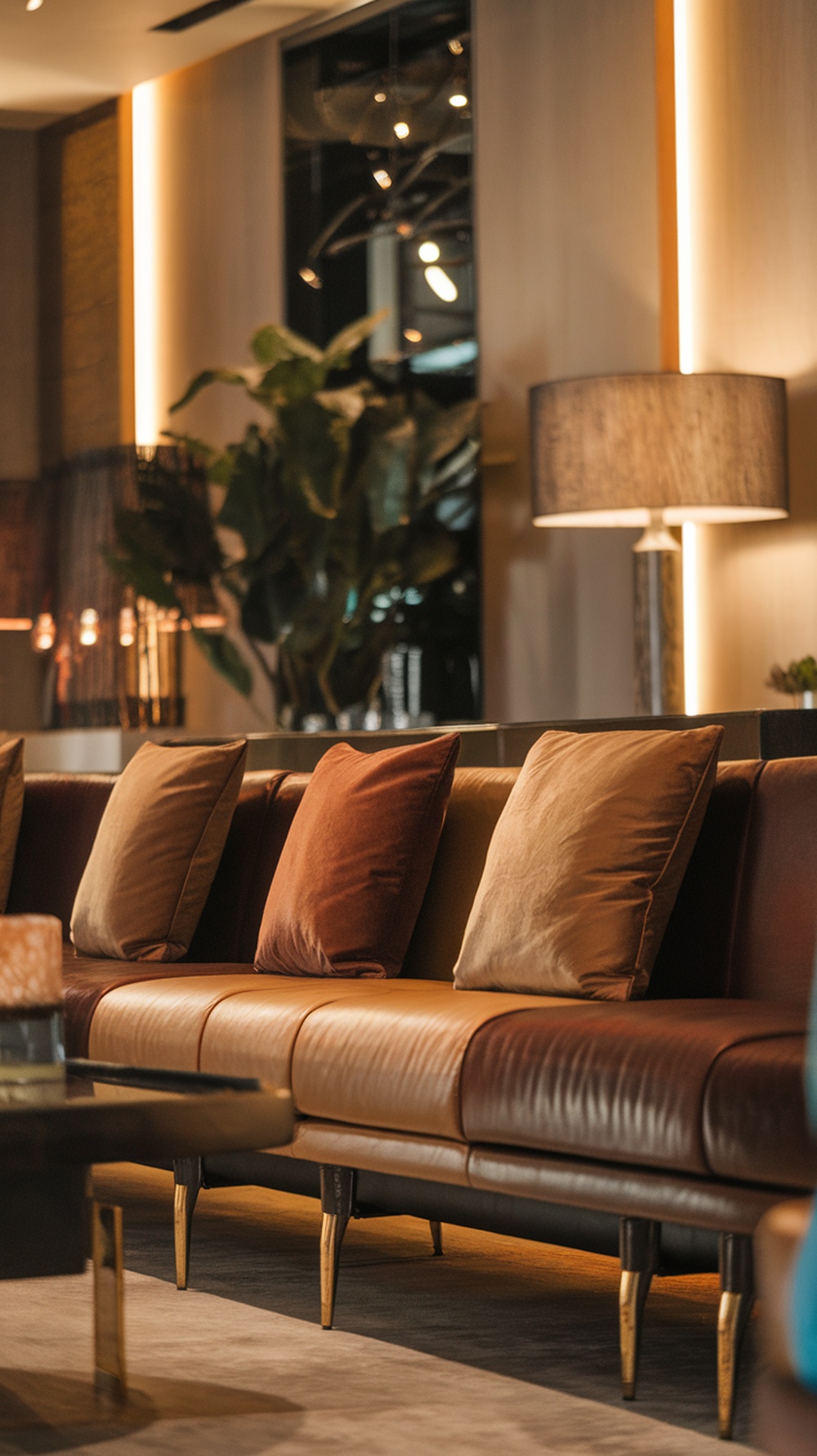 L-shaped sofa with gold legs and soft pillows in warm tones, set in a stylish living room.