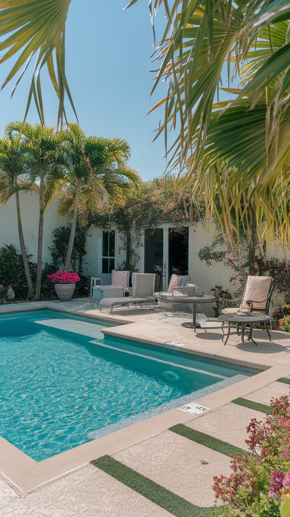 L-shaped pool with a cozy patio area surrounded by flowers and greenery