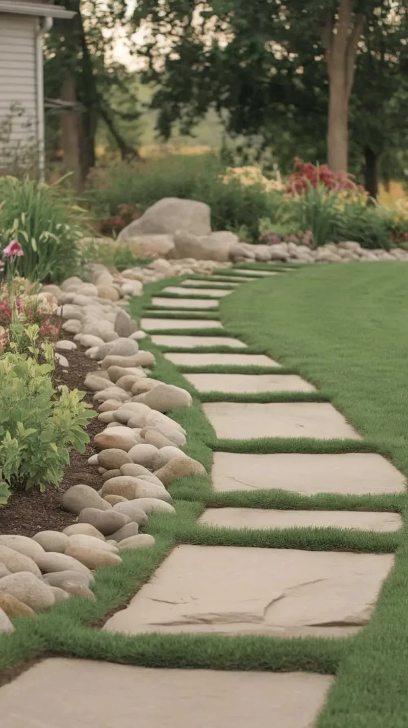 A walkway lined with large river rocks and grass.