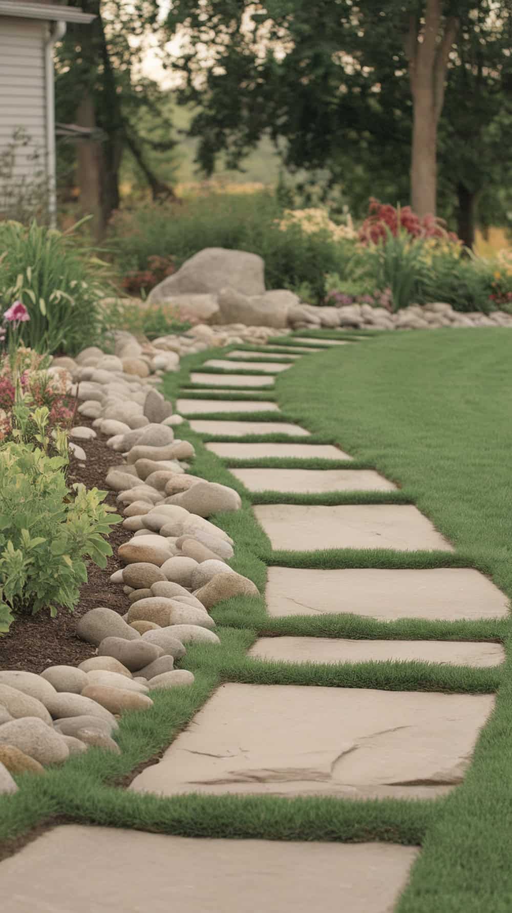 A walkway lined with large river rocks and grass.