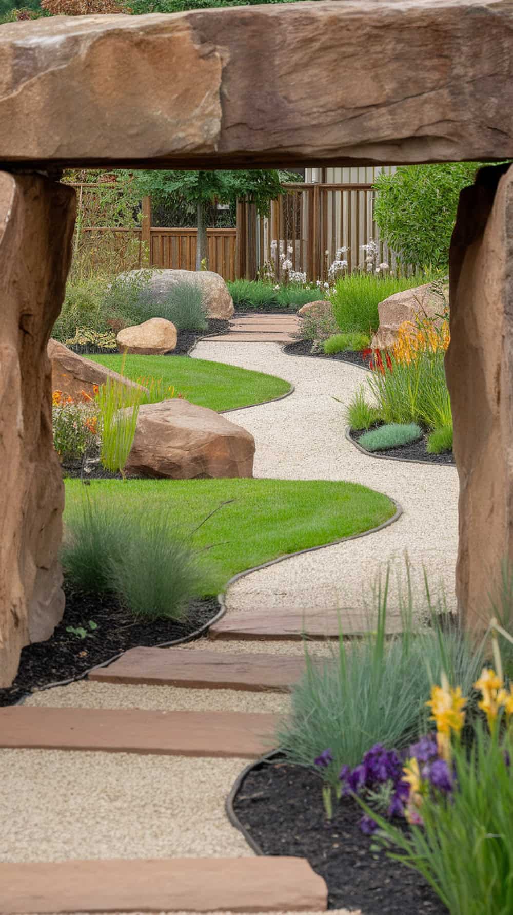 A beautiful gravel pathway framed by large rocks, lined with vibrant plants.