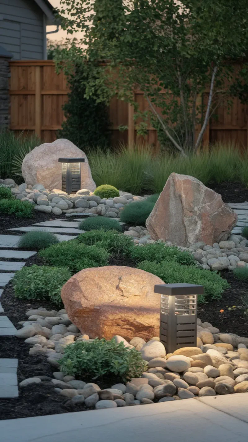 Large stones surrounding outdoor lighting fixtures in a landscaped yard.