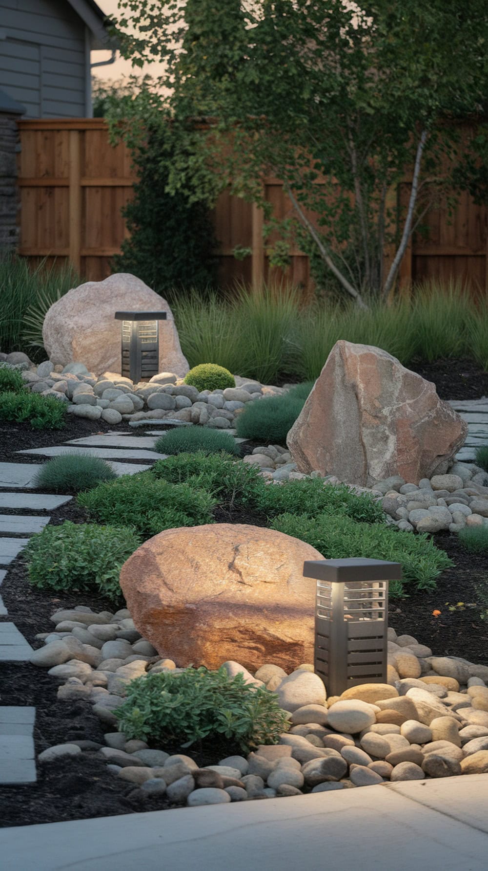 Large stones surrounding outdoor lighting fixtures in a landscaped yard.