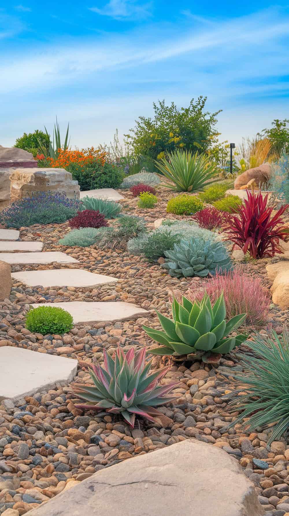 A beautiful landscape featuring large stones mixed with colorful drought-tolerant plants and a path made of stepping stones.