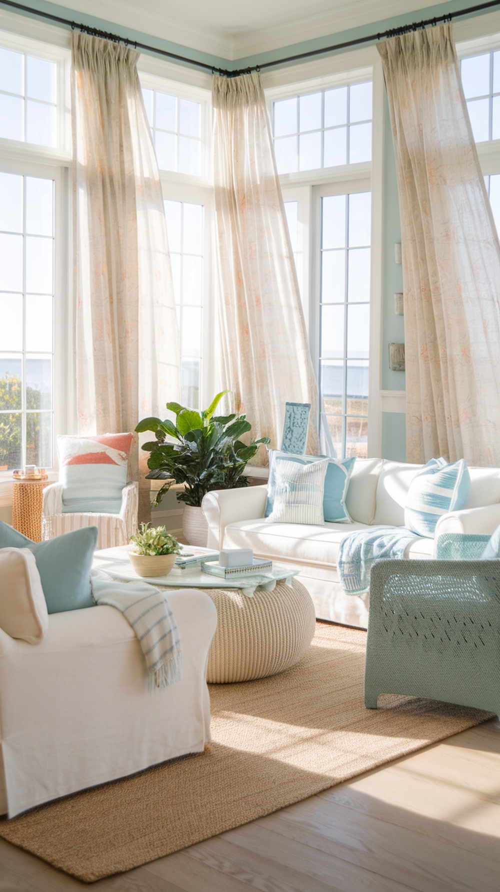 A bright and airy living room with large windows, beachy decor, and plenty of natural light.