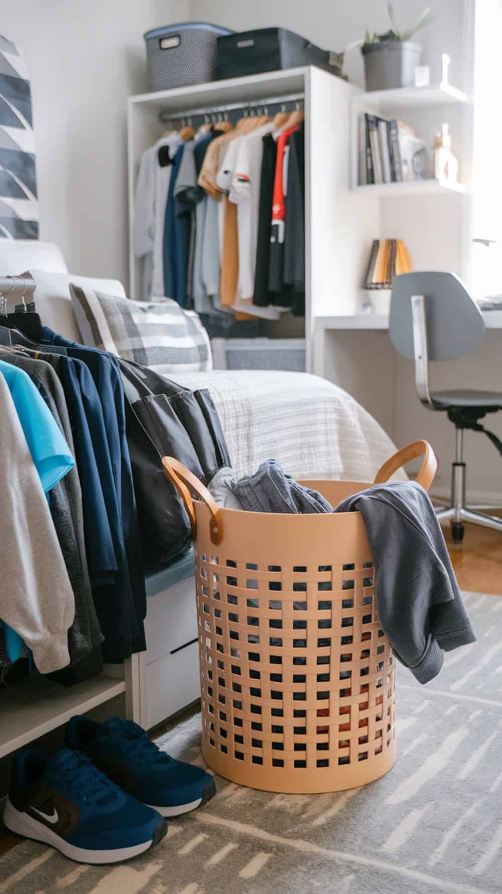 A stylish laundry basket with handles, surrounded by clothes, in a boy's dorm room.