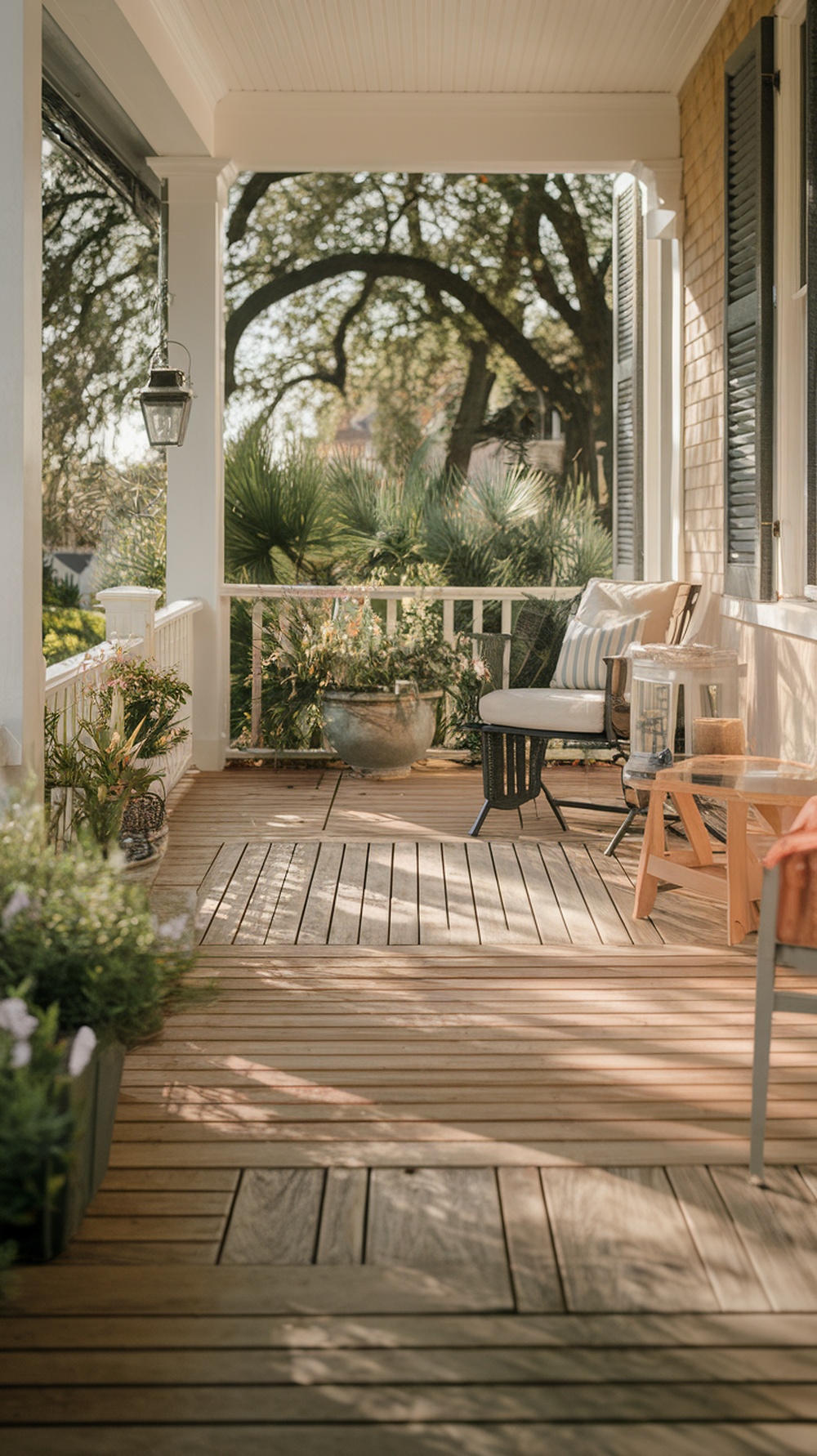 A cozy front porch with interlocking deck tiles, surrounded by greenery and outdoor furniture.
