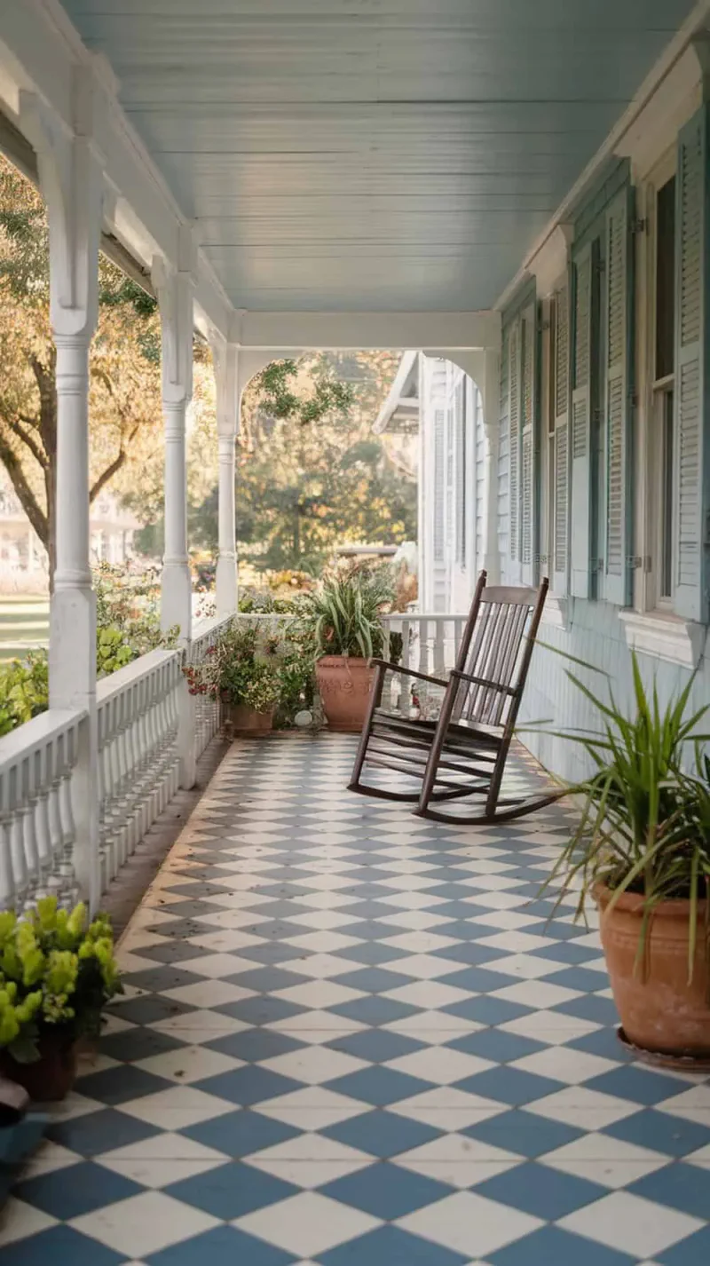 A vintage checkerboard patterned porch with a rocking chair and potted plants.