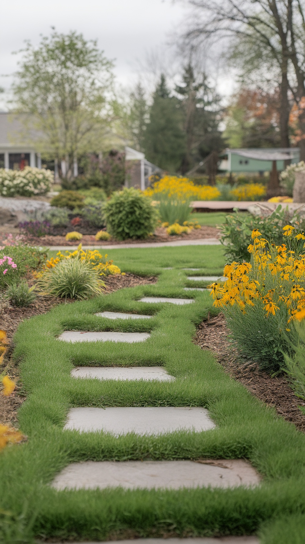 A pathway of stepping stones surrounded by grass and flowers