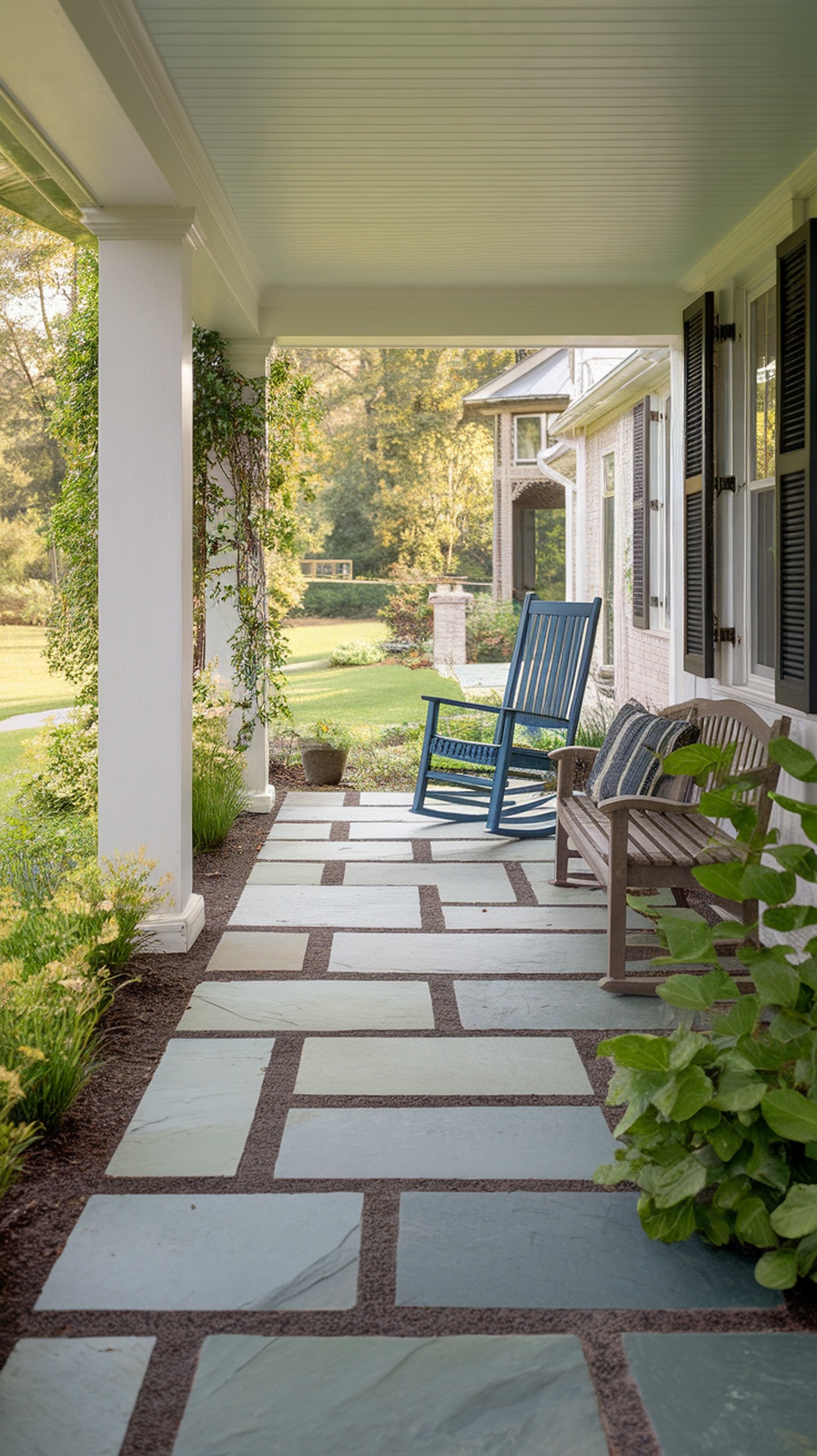 Front porch featuring stone tiles in a natural layout with a rocking chair and bench