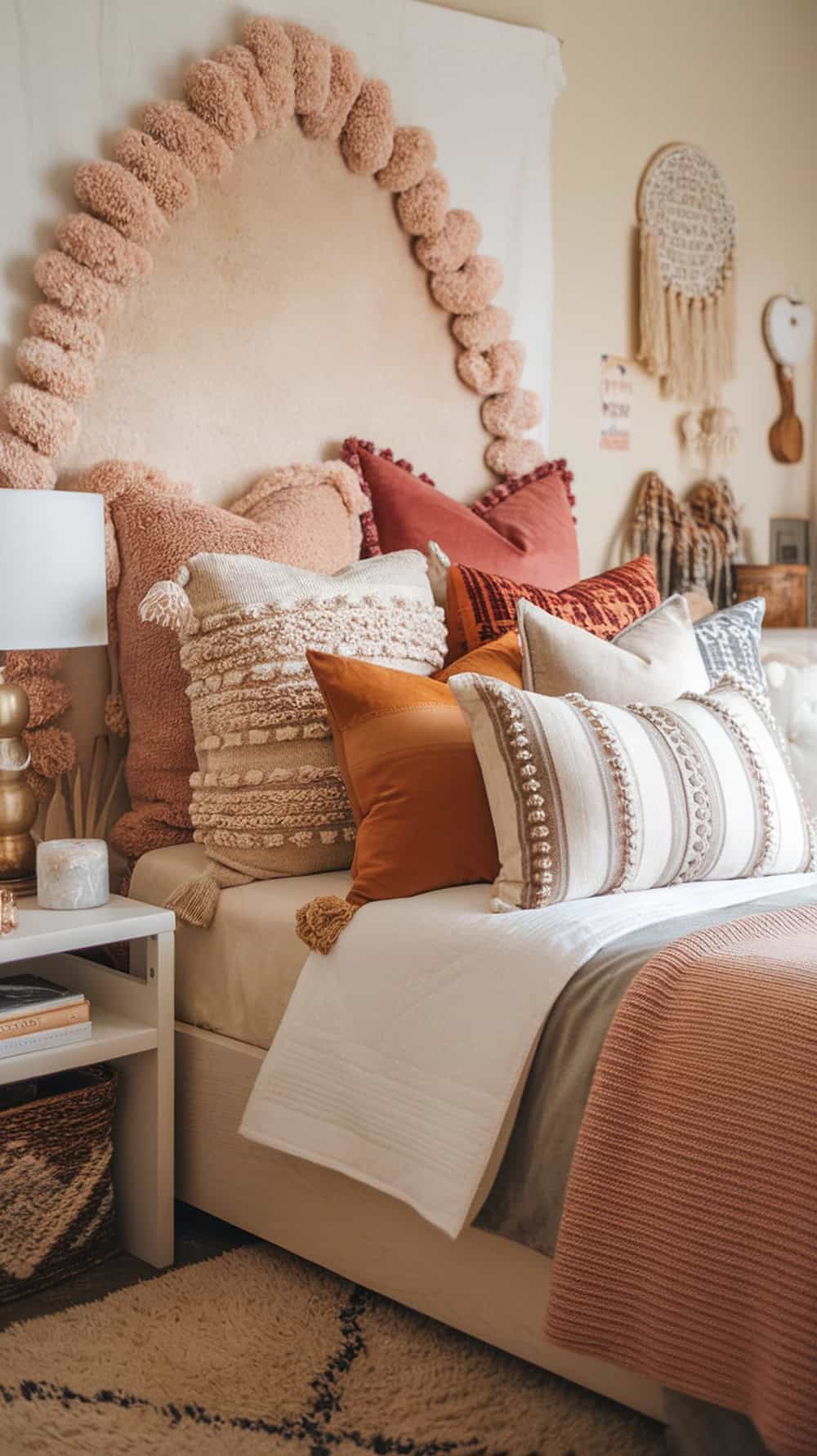 A cozy bed with layered pillows of different textures and colors, creating a warm atmosphere.