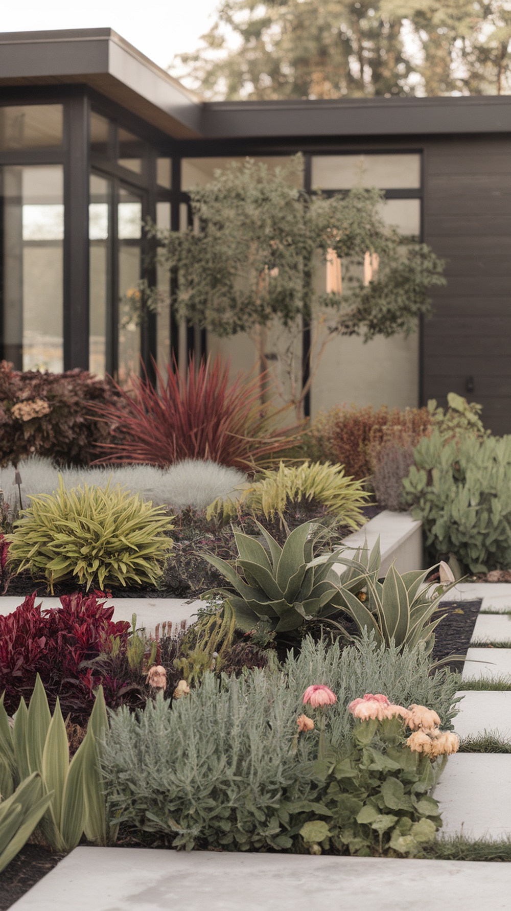 A modern front yard with layered plants in varying heights and shapes.
