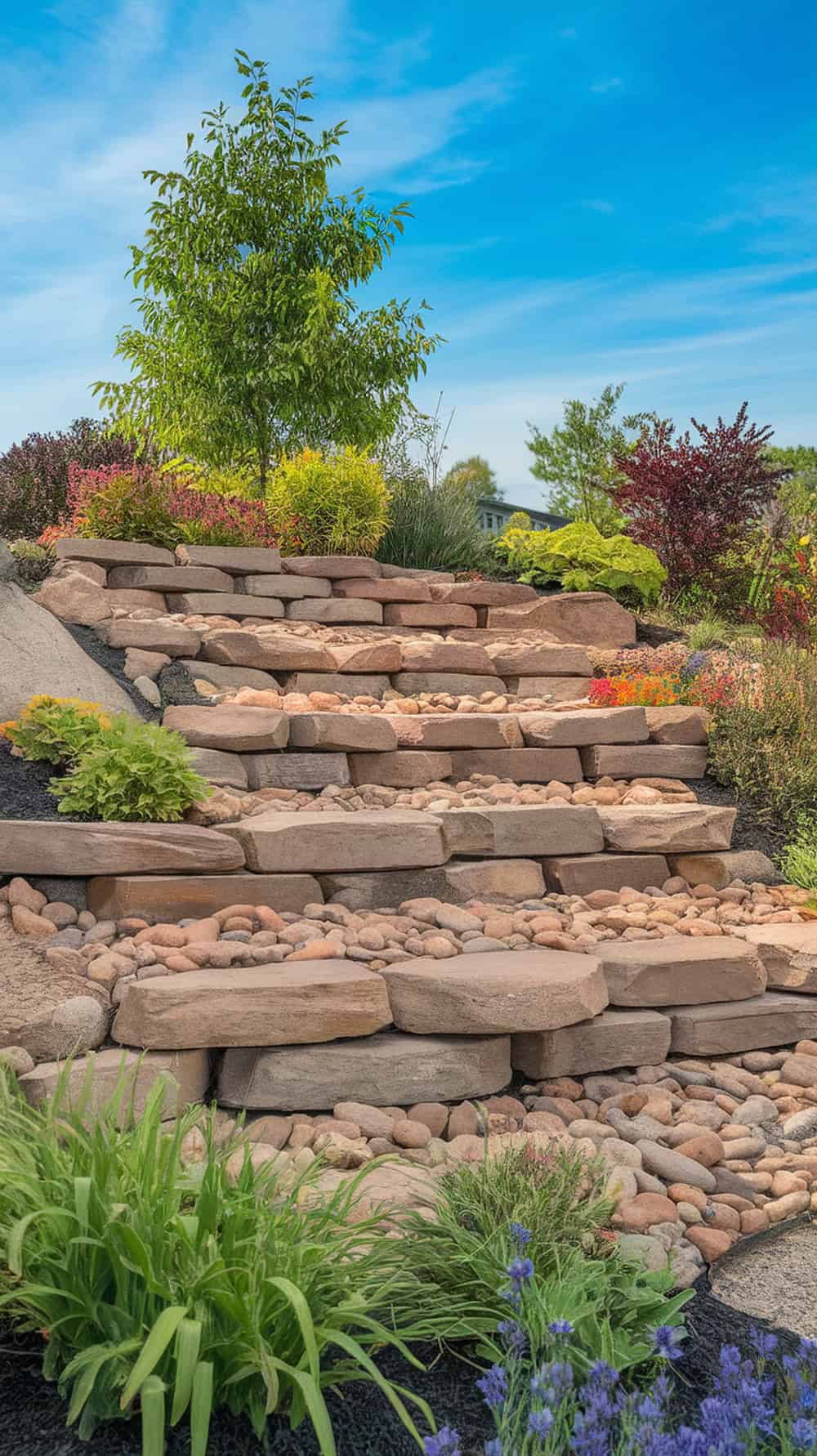 A landscaped sloped front yard with layered rocks and colorful plants.