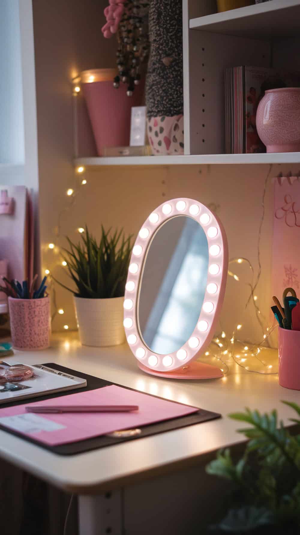 Light-up mirror with a pink frame on a desk surrounded by plants and stationery.