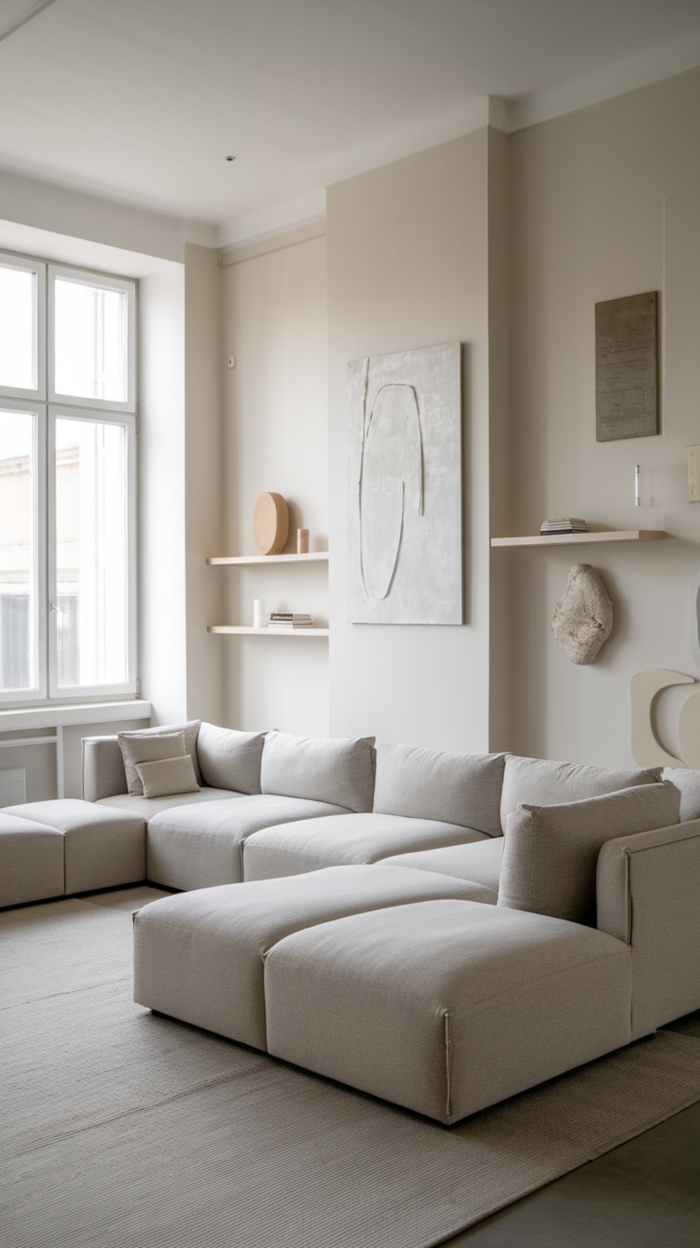 A light gray L-shape sofa in a minimalist living room with simple wall decor and wooden shelves.