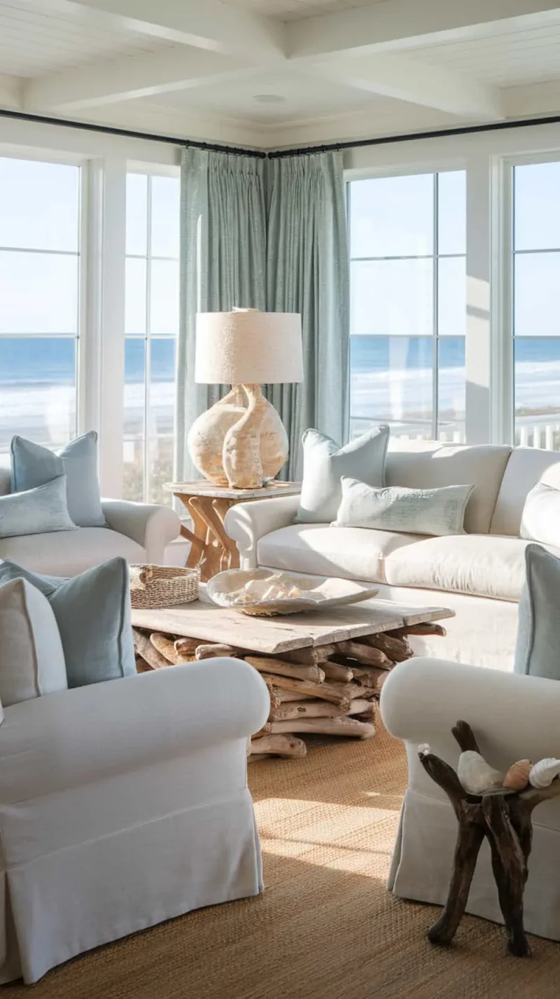A cozy beach living room with light slipcovered sofas and a beautiful ocean view