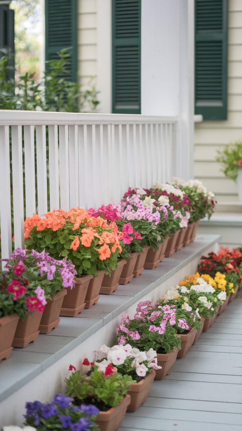Small matching pots filled with colorful flowers lined on porch steps