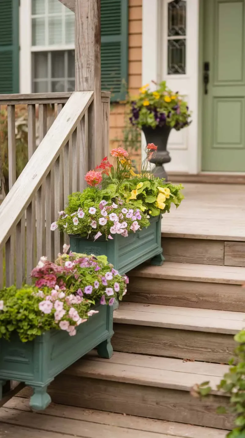 Planters filled with flowers along front porch steps, creating an inviting entryway.