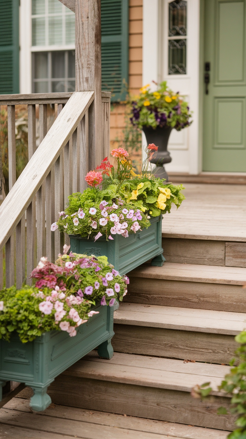Planters filled with flowers along front porch steps, creating an inviting entryway.