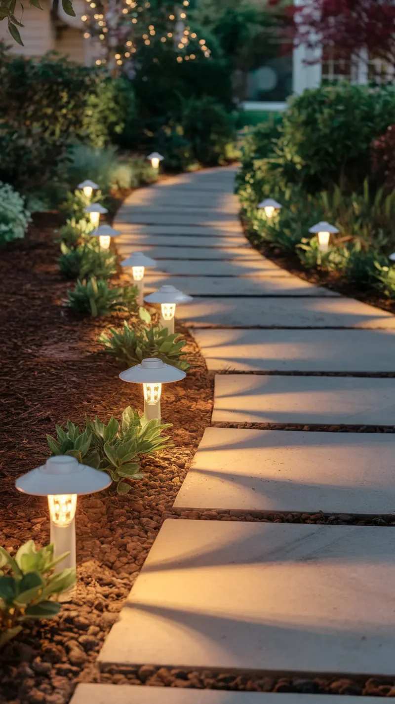 A walkway lined with solar lights, creating a soft glow along the path.