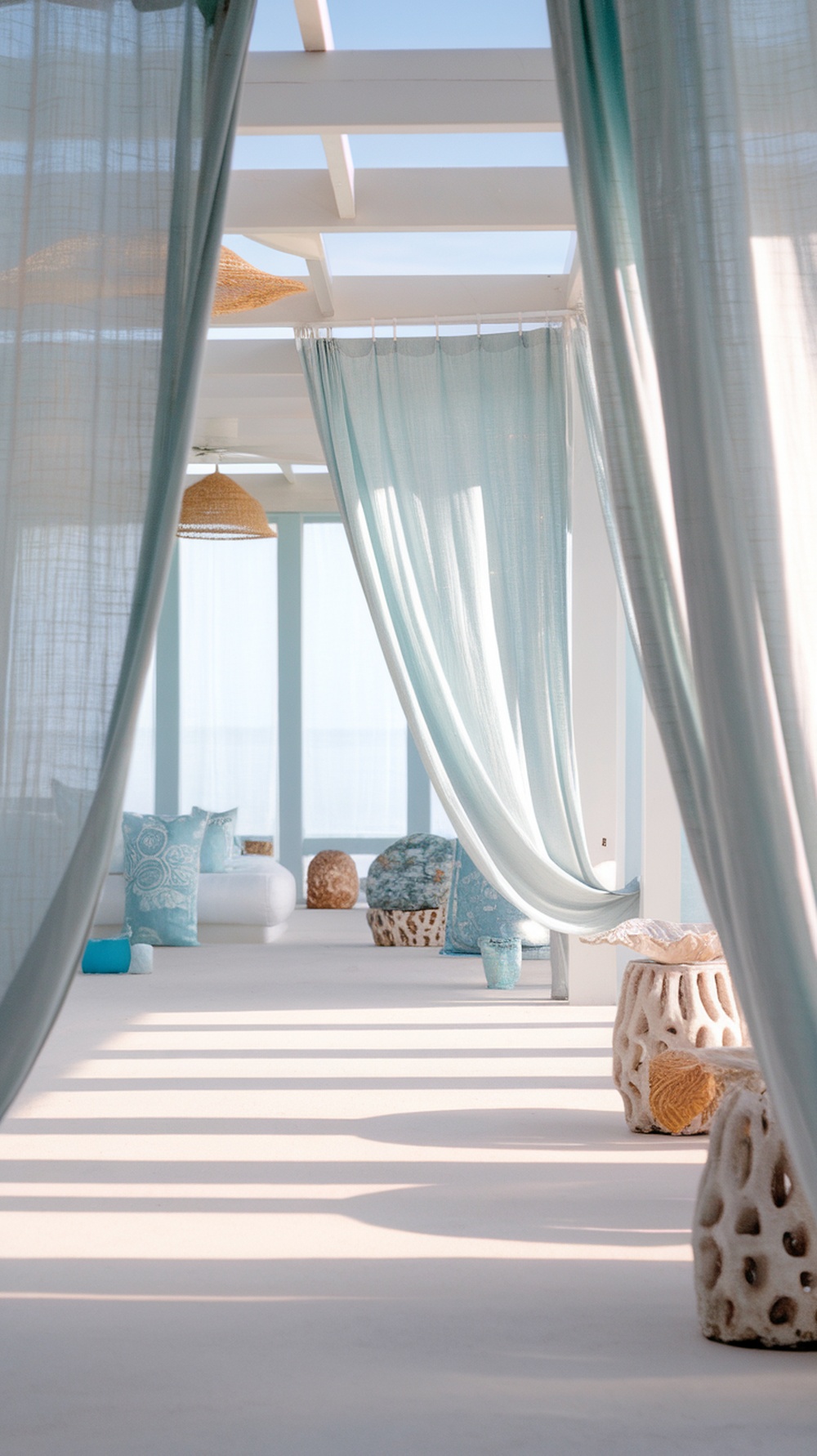 A beach living room with flowing linen curtains and light decor