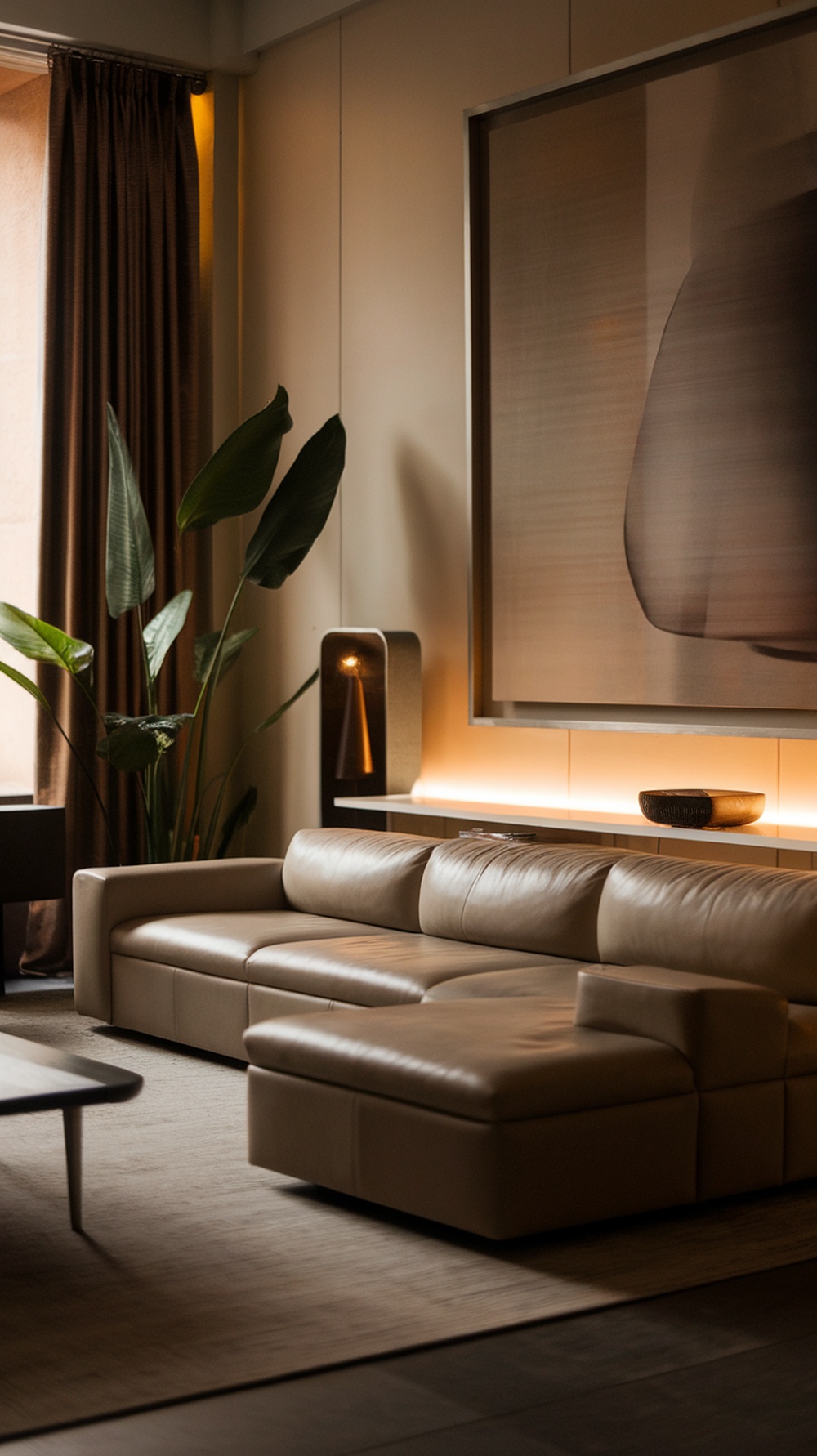Modern low L-shape sofa with built-in storage and soft lighting in a stylish living room.