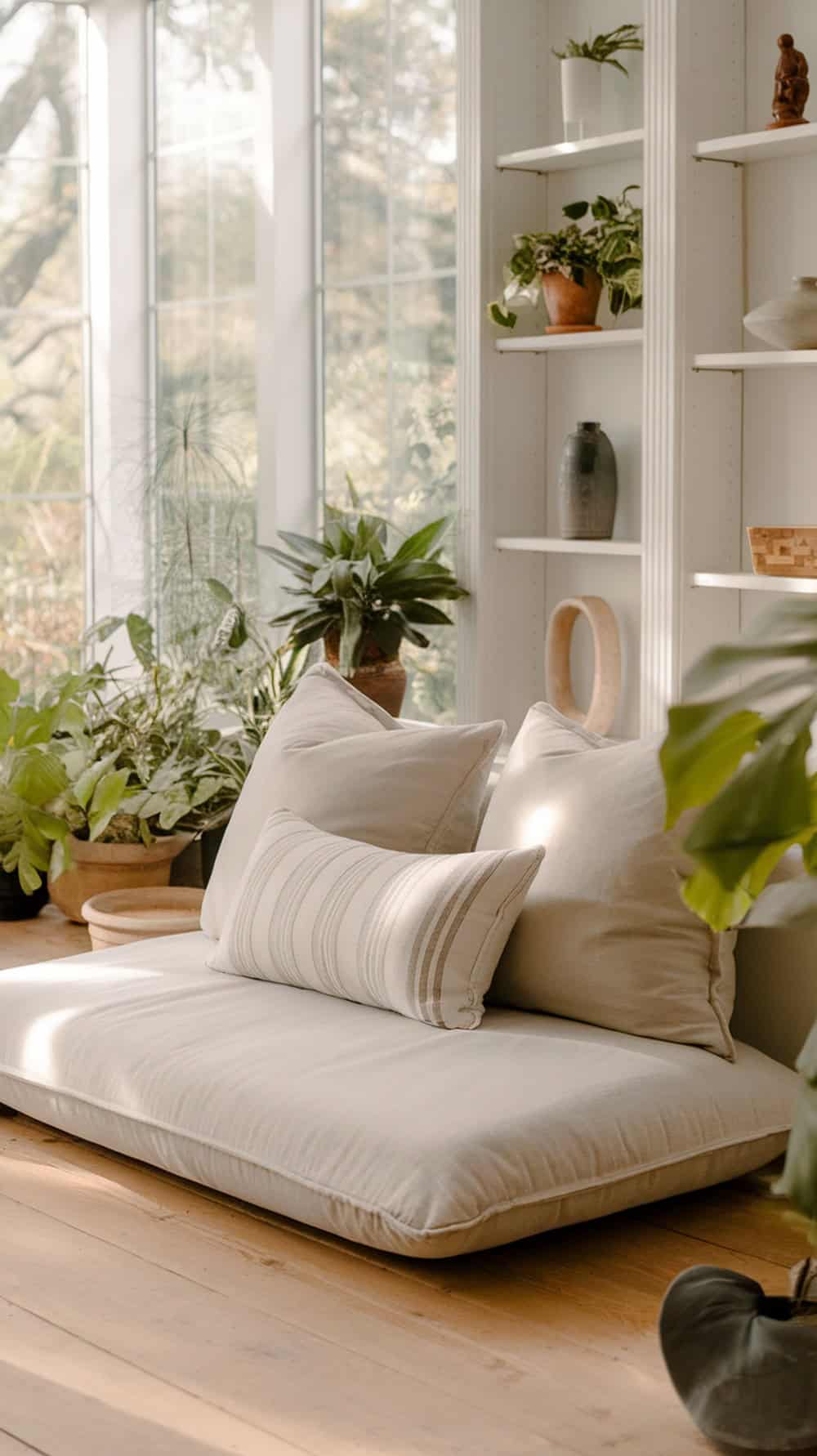 A cozy low loveseat with neutral pillows in a sunroom surrounded by plants.