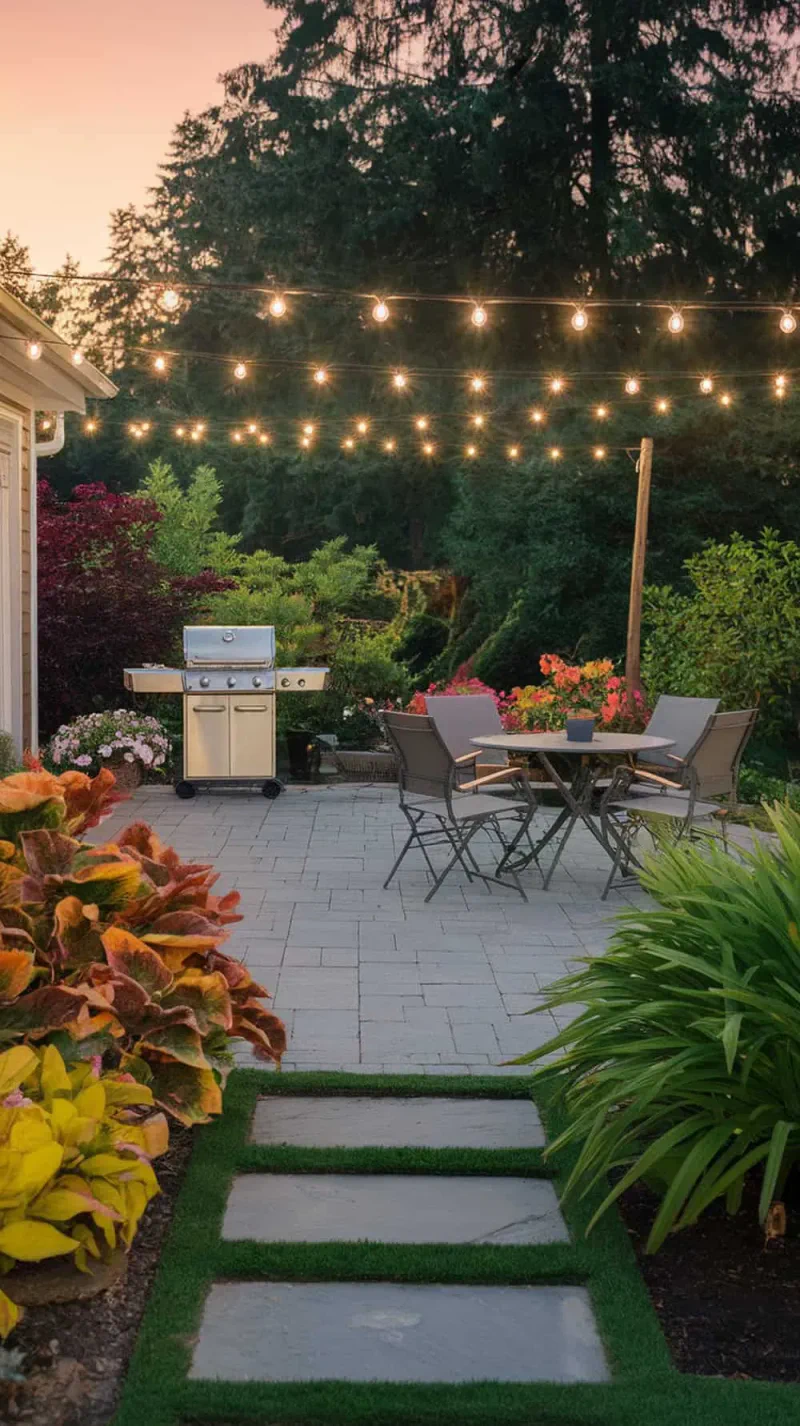 A backyard BBQ area with a grill, paver stones, table, chairs, and string lights.