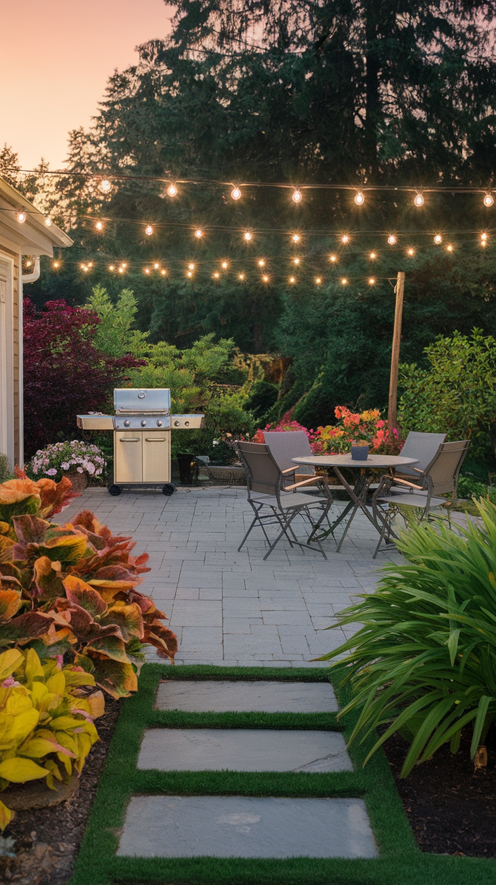 A backyard BBQ area with a grill, paver stones, table, chairs, and string lights.