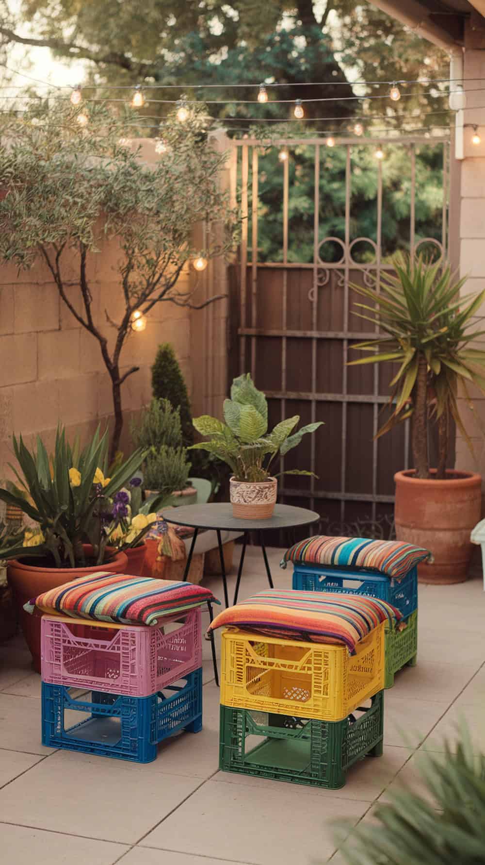 Colorful milk crate stools with seat pads on a patio.