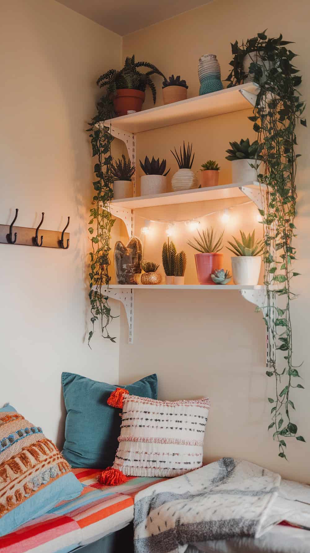 A cozy corner of a dorm room featuring mini faux plants and succulents on shelves, with warm lights and colorful pillows.