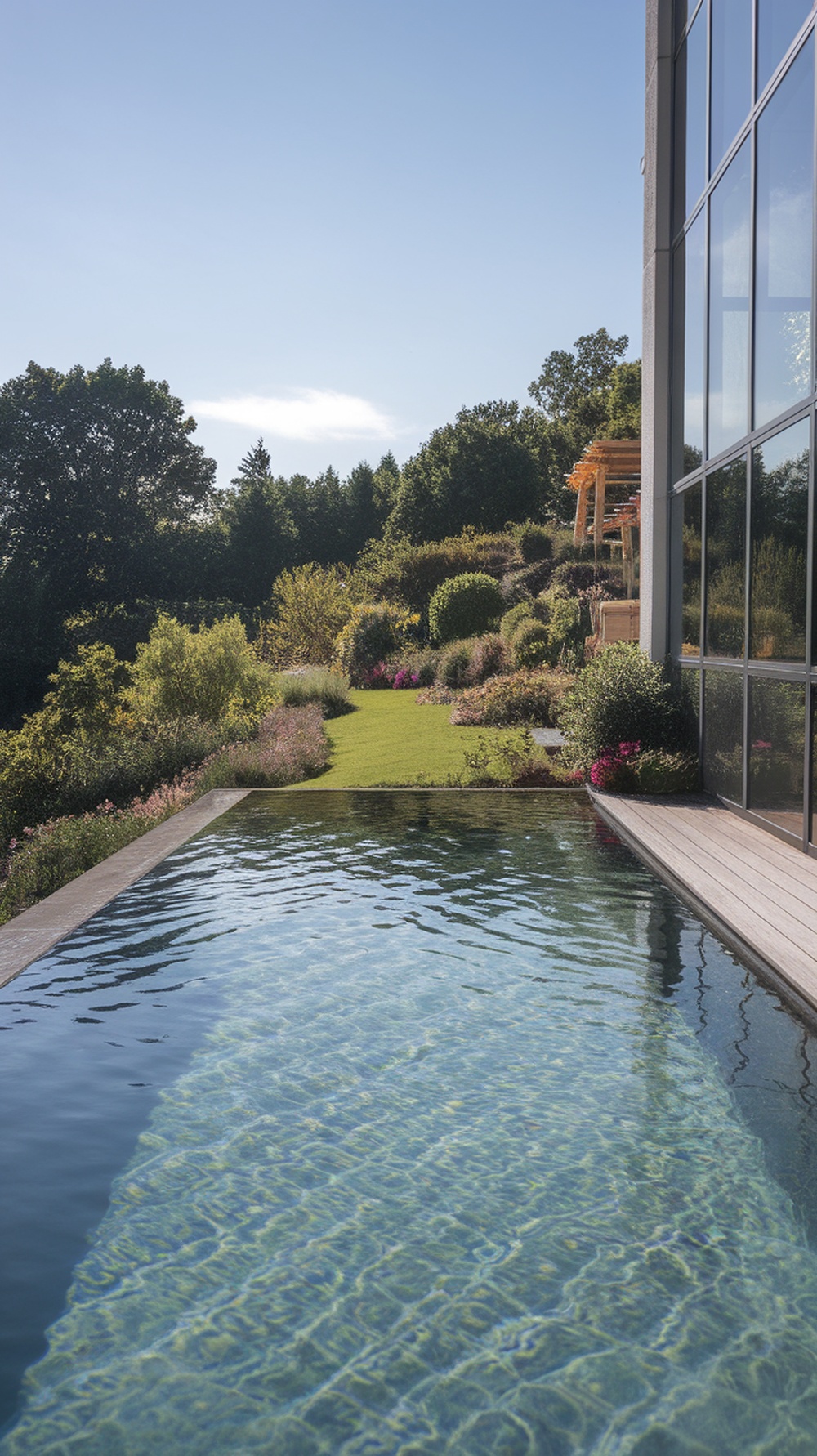 A mini infinity pool overlooking a lush garden with vibrant plants