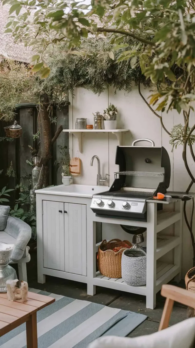 A mini outdoor kitchen with a grill, sink, and storage, surrounded by greenery.