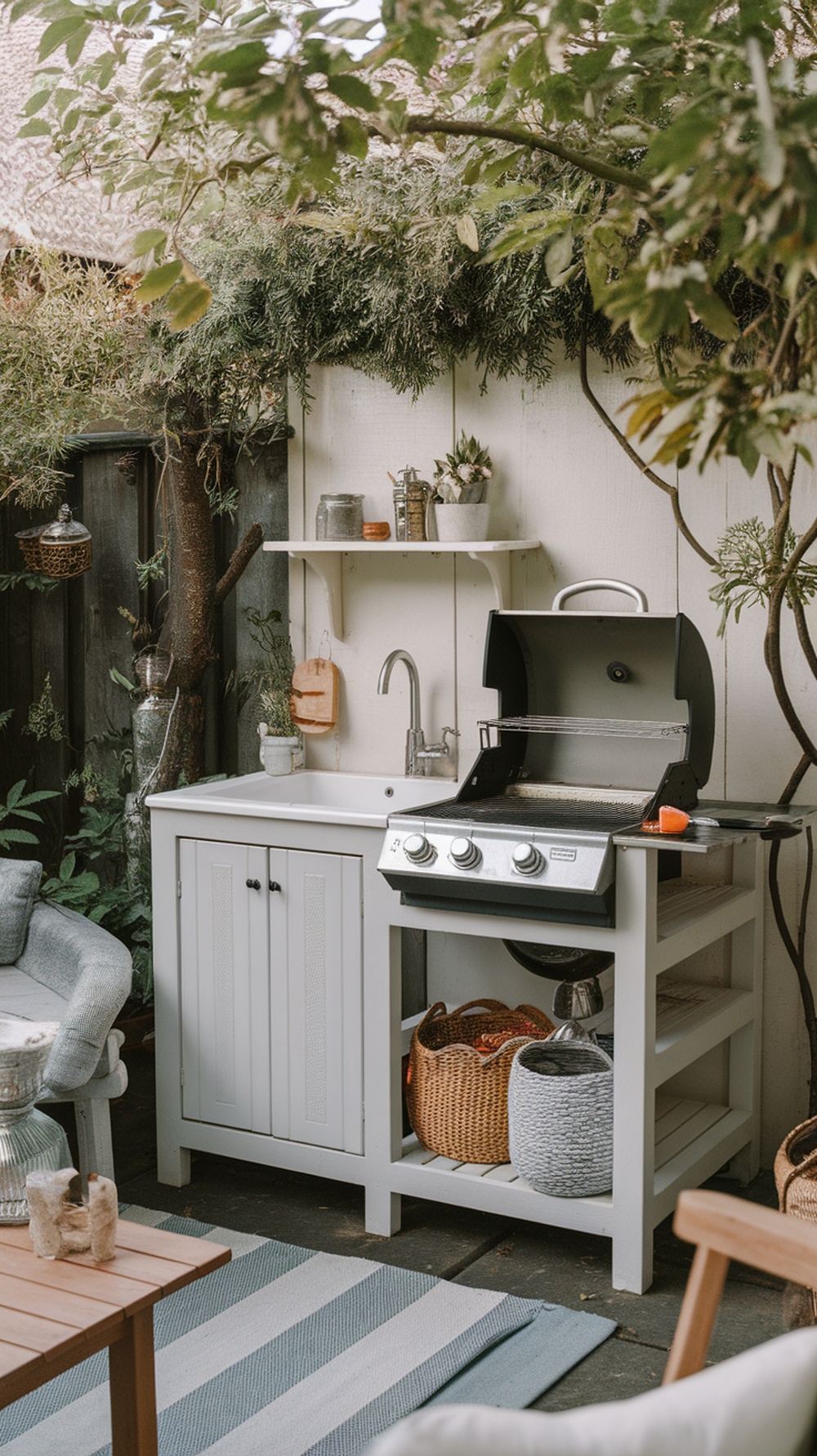 A mini outdoor kitchen with a grill, sink, and storage, surrounded by greenery.