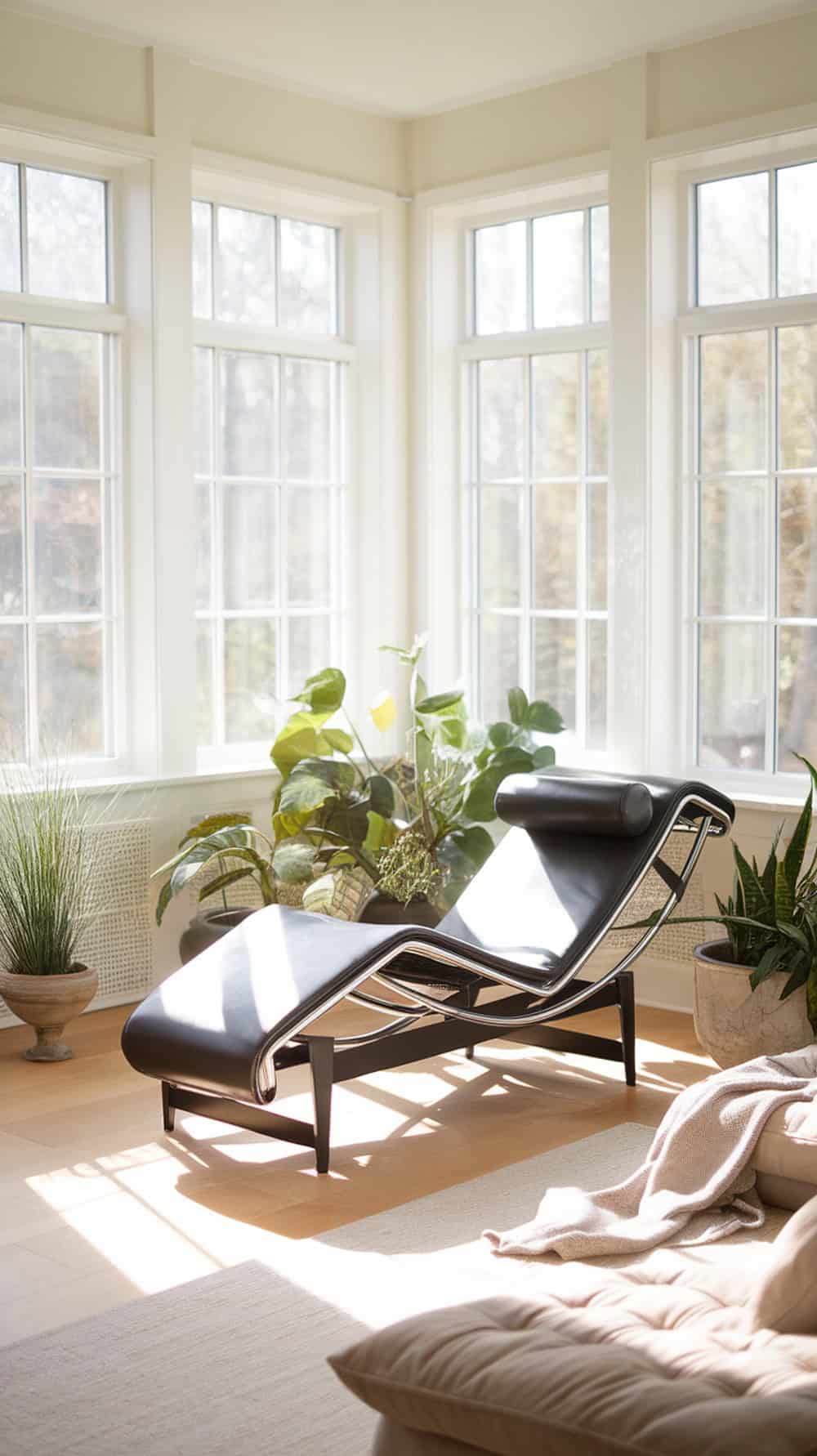 A minimalist chaise lounge in a sunroom with large windows and plants