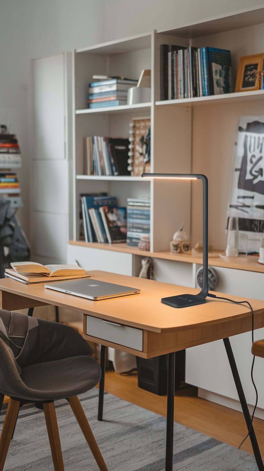 A minimalist desk lamp with charging ports on a wooden desk, surrounded by books and a laptop.