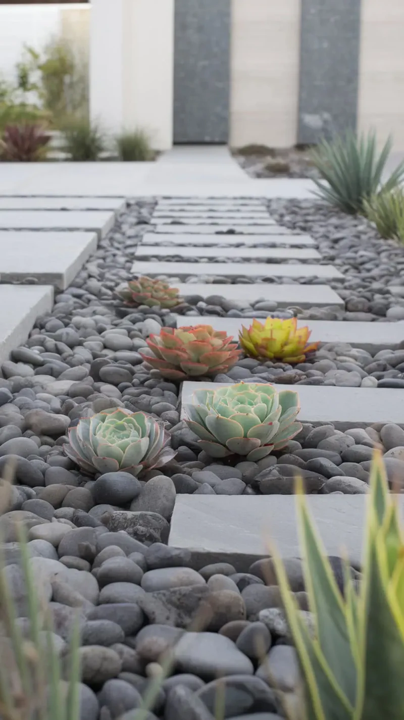 A minimalist rock garden featuring various succulents surrounded by smooth stones and paver pathways.
