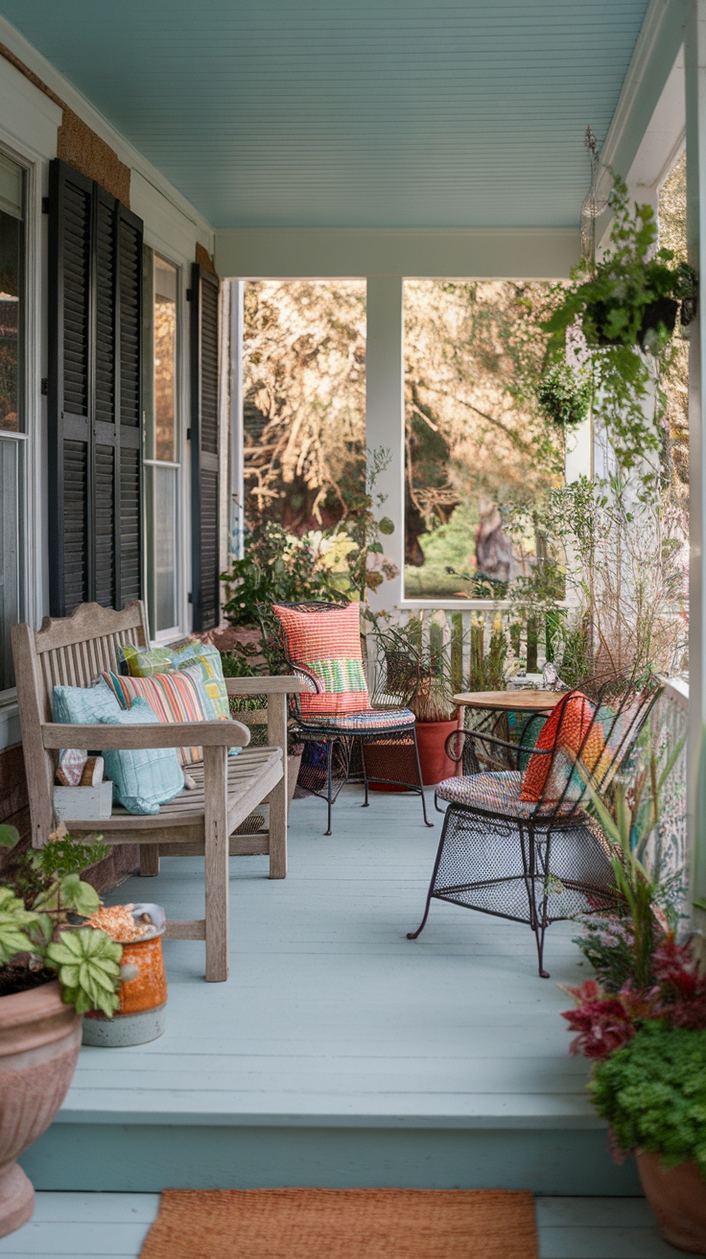 A cozy front porch with a wooden bench and black wire chairs, decorated with colorful cushions and surrounded by plants.